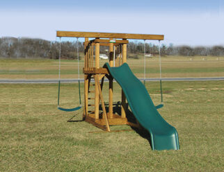 wooden swing set with a green slide in a grassy field