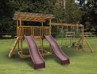 wooden swing set with red accessories