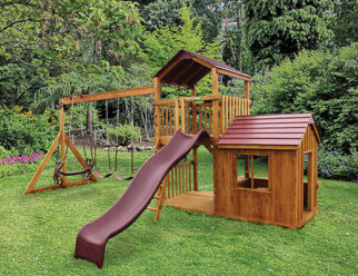 wooden swing set with red accents