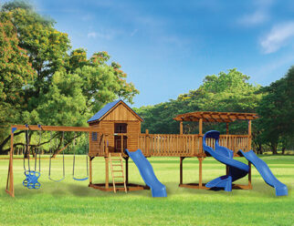 wooden swing set with blue accents sitting in a grassy field