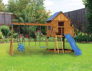 wooden swing set with blue accents