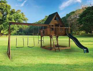 wooden swing set with green accents in a grassy field