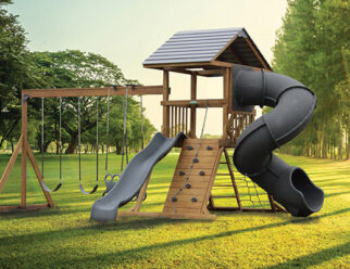 wooden swing set with gray accents