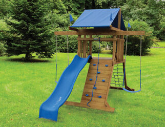 wooden swing set with blue accents