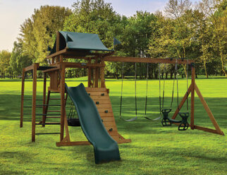 wooden swing set with green accents