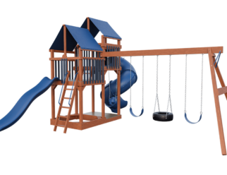 Wooden swing set with blue accents. Include two slides, two covered roofs, and three swings.