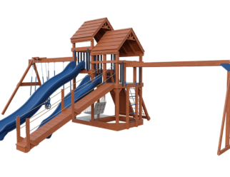 Wooden swing set with blue accents. Includes two blue sides, two covered roofs, monkey bars, and a swing.