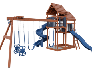 Wooden swing set with blue accents. Includes two blue slides, two covered roofs, and three swings.