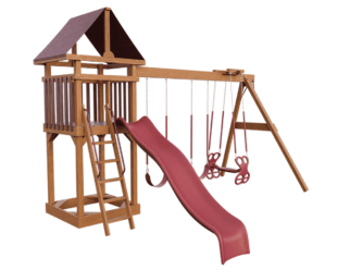 Wooden swing set with red accents. Includes a slide and three swings.