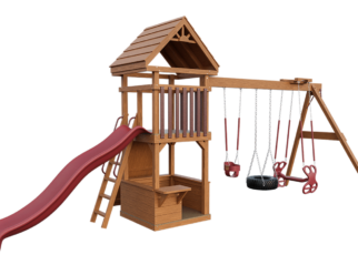 Wooden swing set with red accents. Include a red slide, covered roof, and three swings.