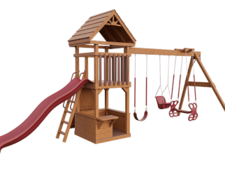 Wooden swing set with red accents. Include a red slide, covered roof, and three swings.