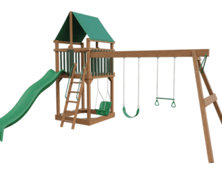 Wooden swing set with green accents. Includes three swings and a green slide.