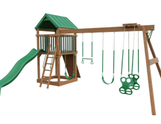 wooden swing set with green accents. Includes a green slide and four swings.