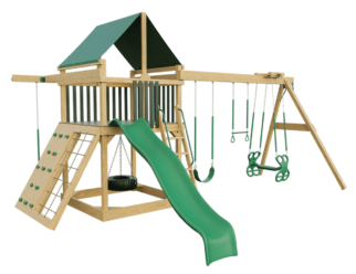 Wooden swing set with green accents. Includes a slide, three swings, and a tire swing.