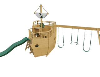 A wooden swing set with green accents. Includes a slide and three swings.