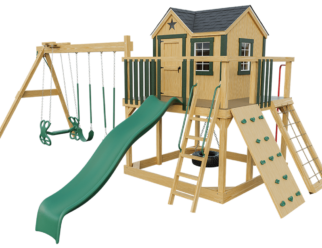 Wooden swing set with green accents. Includes two climbing walls, a green slide, three swings, and a tire swing.