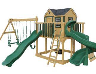 A wooden swing set with green accents. Includes two green slides, three swings, a climbing wall, and a tire swing.