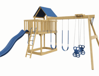 Wooden swing set with blue accents. Includes a blue slide and three swings.
