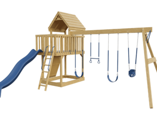 Wooden swing set with blue accents. Includes one slide and four swings.