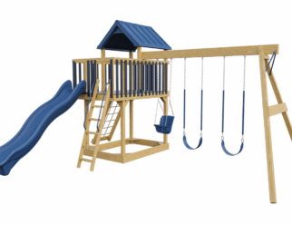 Wooden swing set with blue accents. Includes blue slide and three swings.