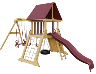 Wooden swing wet with red accents. Includes a slide, covered roof, three swings, and a tire swing.