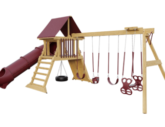 Wooden swing set with red accents, including four swings, a tire swing, and a tube slide.