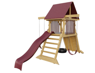 Wooden swing set with red accents. Includes a red slide, red covered roof, and a tire swing.