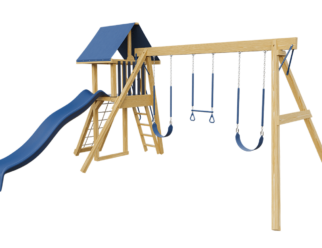 Wooden swing set with blue accents. Include a slide and three swings.