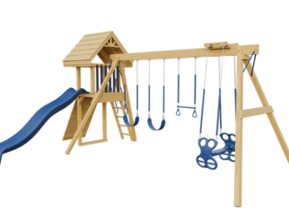 Wooden swing set with blue accents. Includes a blue slide and four swings.
