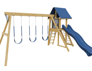 Wooden swing set with blue accents. Includes three swings and a slide.