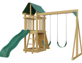 A wooden swing set with green accents. Includes a green slide and two swings.