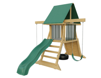 A wooden swing set with green accents. Includes a green slide, a swing, and a tire swing.