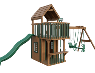 A wooden swing set with a green slide and three swings, plus a lookout.