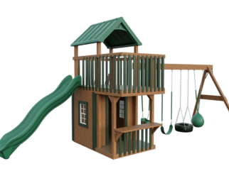 A wooden swing set with green accents. Includes a green slide and three swings.