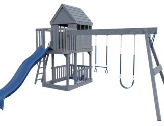 A wooden swing set painted gray with blue accents. Includes a slide and three swings.