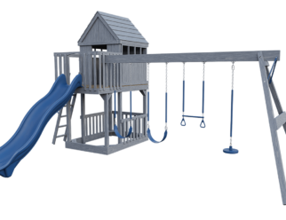 A wooden swing set painted gray with blue accents. Includes a slide and four swings.