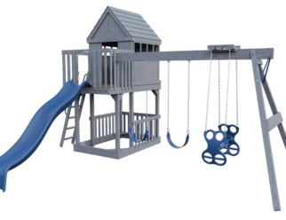 A wooden swing set painted gray with blue accents. Includes a slide and three swings.