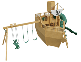 Wooden swing set in the shape of a ship. Includes three swings, a spiral slide, and an anchor flag.