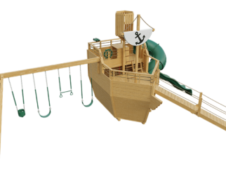 A wooden swing set in the shape of a ship. Includes four swings, a ramp, and an anchor flag.