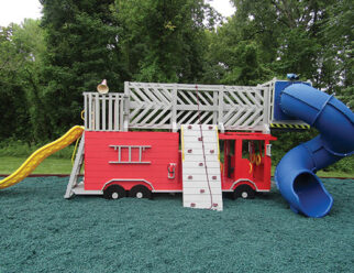 red fire truck with a blue slide