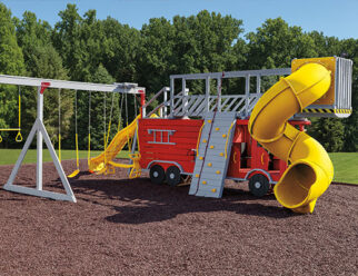 red fire truck playset with a yellow spiral slide