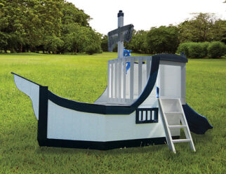 white and blue poly pirate ship playset in a grassy field