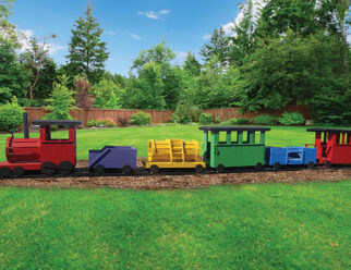 multicolored wooden 6-piece train playset