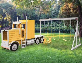 yellow dump truck swing set in a grassy field