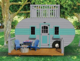 blue and gray camper swing set in the woods