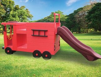 bright red fire truck poly swing set