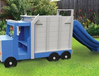 blue and gray poly dump truck playset