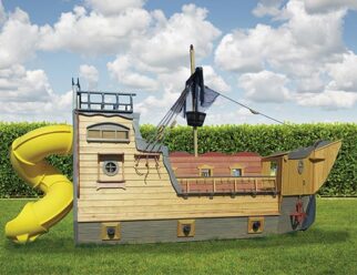 a wooden pirate ship playset with a yellow spiral slide