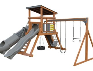 Climber Deluxe swing set with a brown frame and gray accents. Includes a gray slide, covered roof, two swings, and a tire swing.