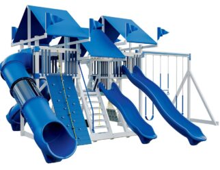 Mega Climber Deluxe swing set with three blue slides, several swings, three covered roofs, and a climbing wall.